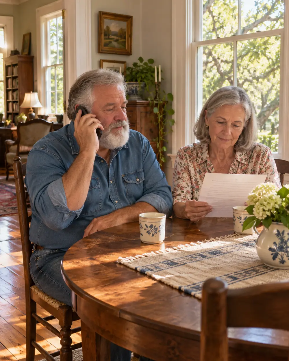 Illustrative scene: a white couple in their late sixties at the dining table of their older Macon cottage, he on the phone and she reading a one-page letter