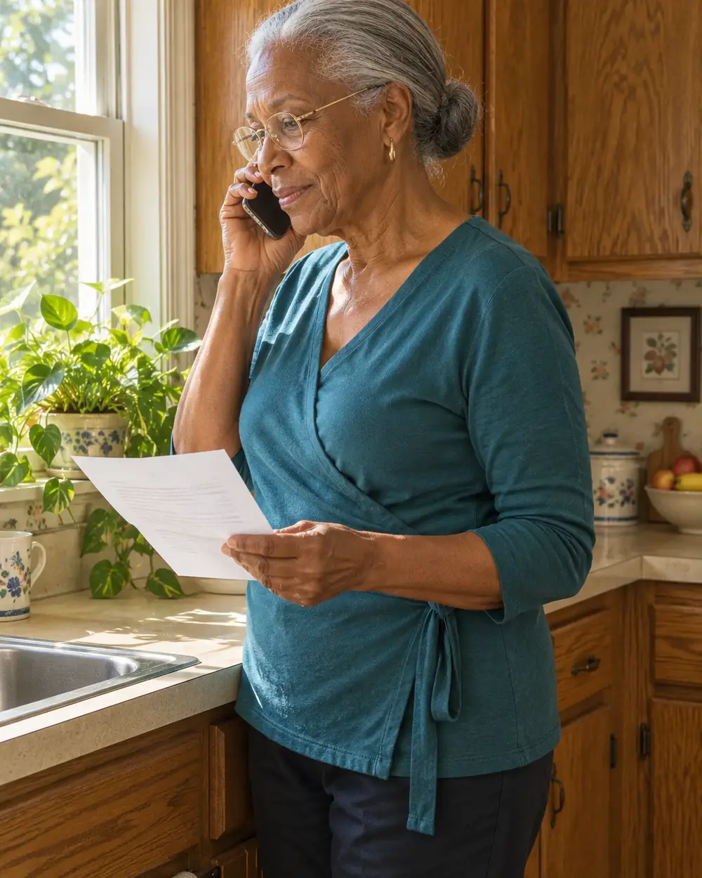 Illustrative scene: a Black woman in her seventies with silver hair in a low bun on the phone at the kitchen counter of her Marietta split-level, a one-page letter in hand