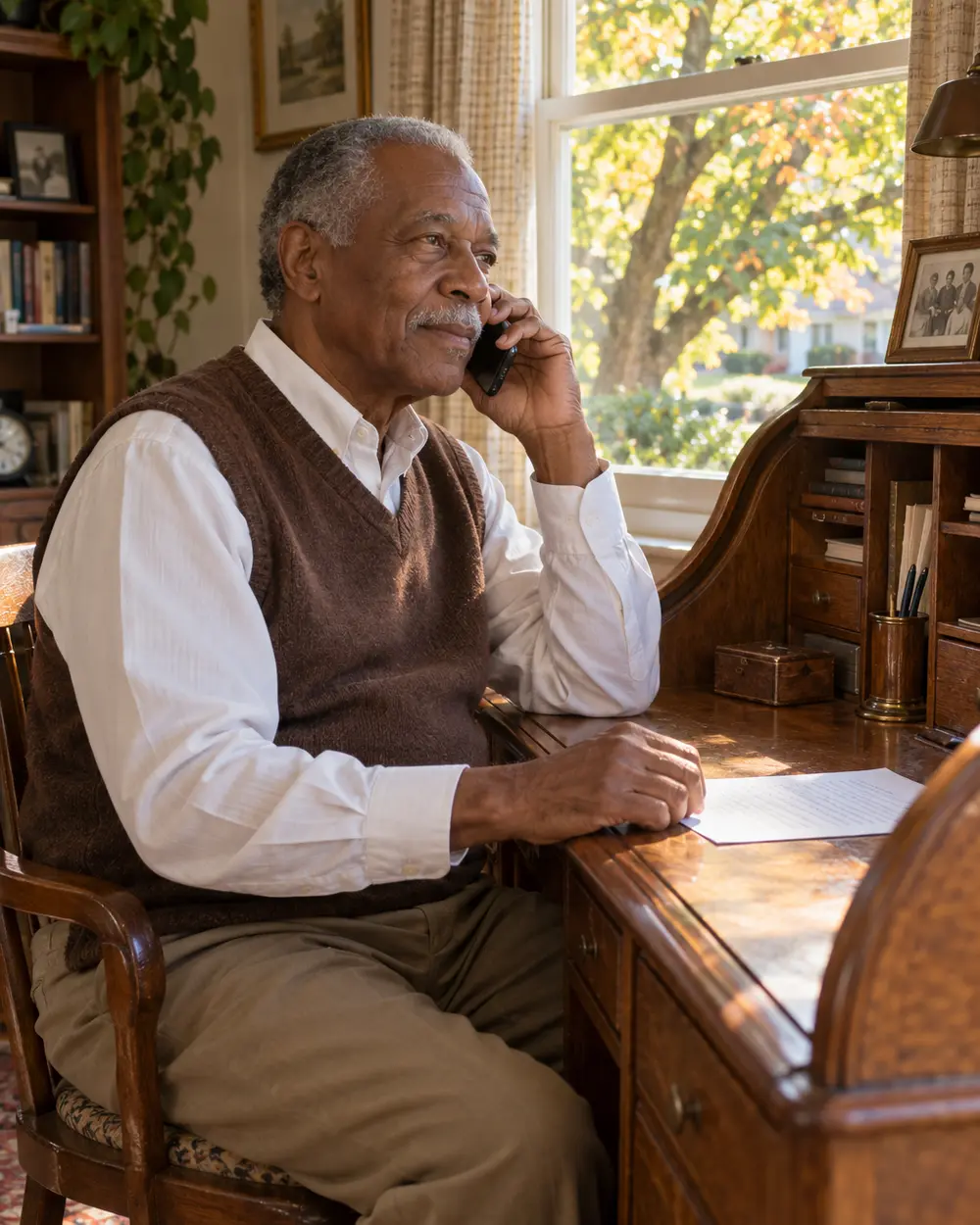 Illustrative scene: a Black man in his seventies in a sweater vest on the phone at the rolltop desk in the den of his Murfreesboro ranch, a one-page letter in front of him