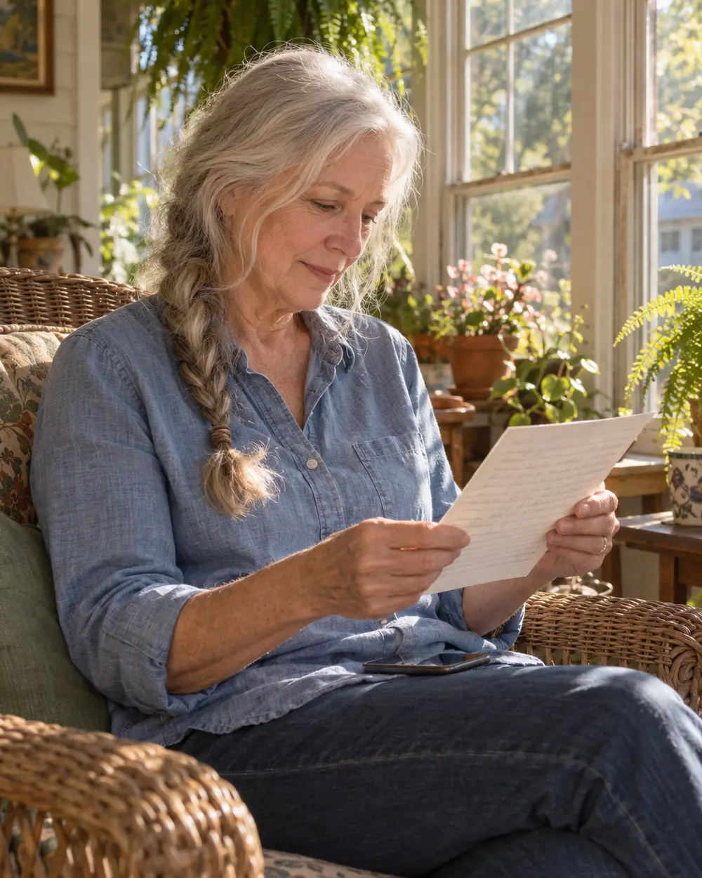 Illustrative scene: a white woman in her late sixties reading a one-page letter in a wicker chair on the sunny side porch of her Nashville bungalow