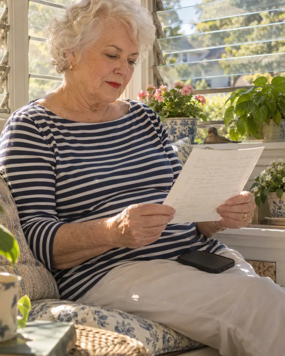 Illustrative scene: a white woman in her seventies with short platinum curls reading a one-page letter on the window seat of the sunroom in her Newport News Cape Cod