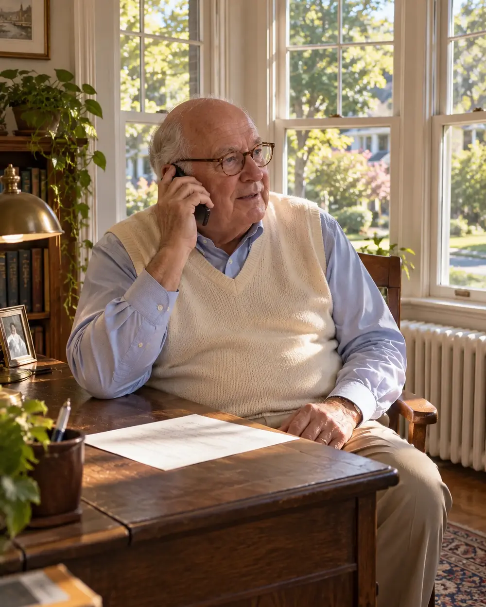 Illustrative scene: a white man in his seventies on the phone at a desk in the bay window of his 1920s foursquare house in Norfolk, a letter on the desk
