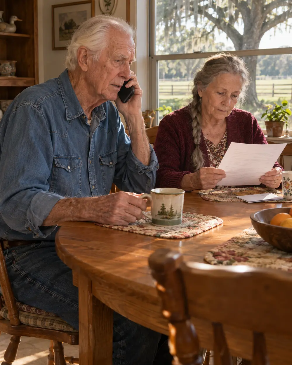 Illustrative scene: a white couple in their seventies at the oak dining table of their Ocala ranch house, he on the phone and she reading a one-page letter