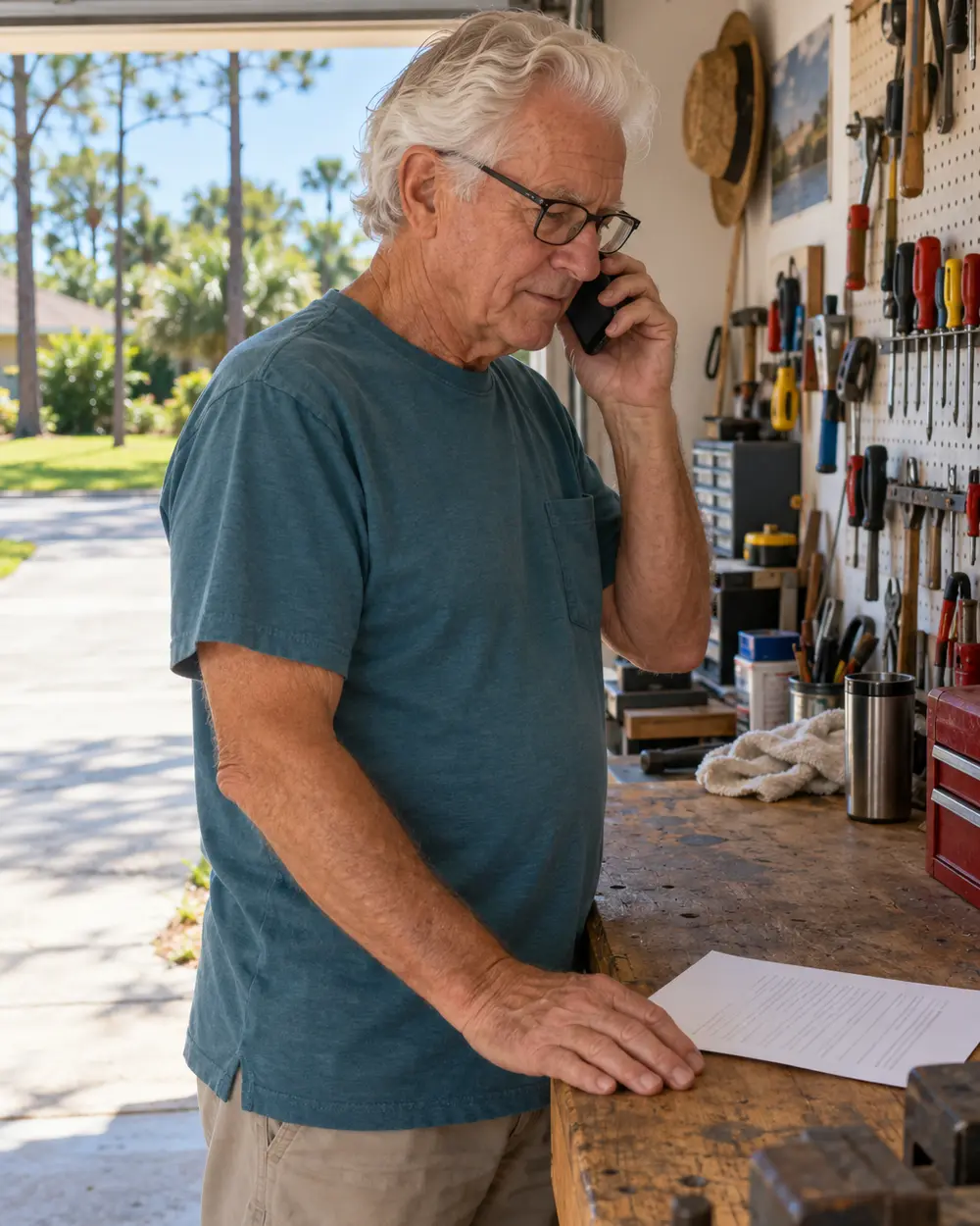 Illustrative scene: a white man in his seventies on the phone at the workbench in his garage in Palm Bay, a one-page letter under his hand