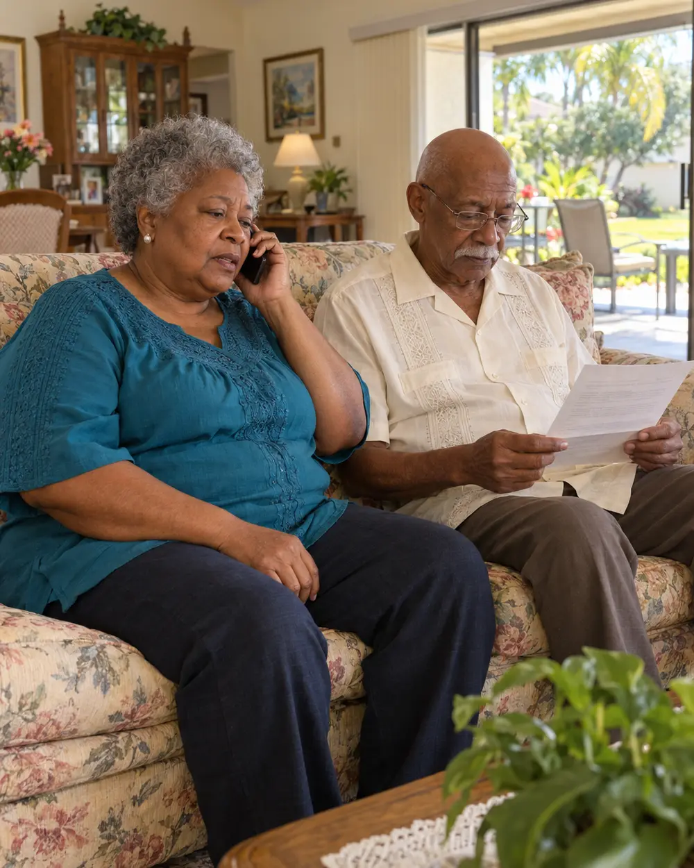 Illustrative scene: a Black couple in their seventies on a floral sofa in the living room of their Port St. Lucie home, she on the phone and he reading a one-page letter