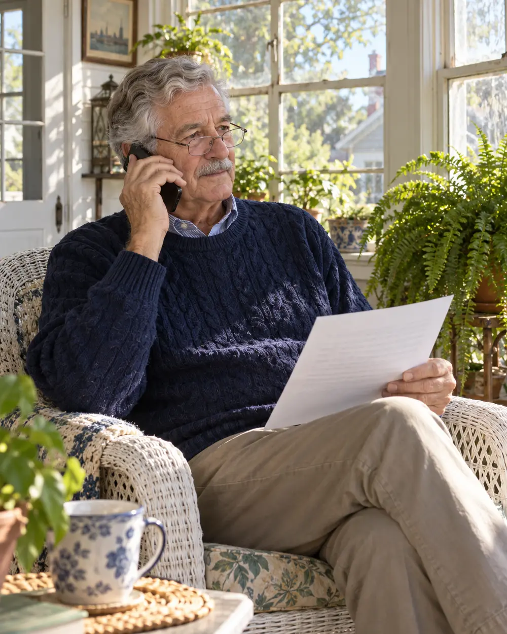 Illustrative scene: a white man in his seventies in a navy sweater on the phone in a wicker chair on the sun porch of his Portsmouth house, a one-page letter in hand