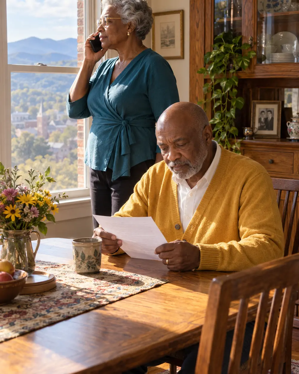 Illustrative scene: a Black couple in their seventies in the dining room of their Roanoke foursquare, she on the phone by the window and he reading a one-page letter at the table