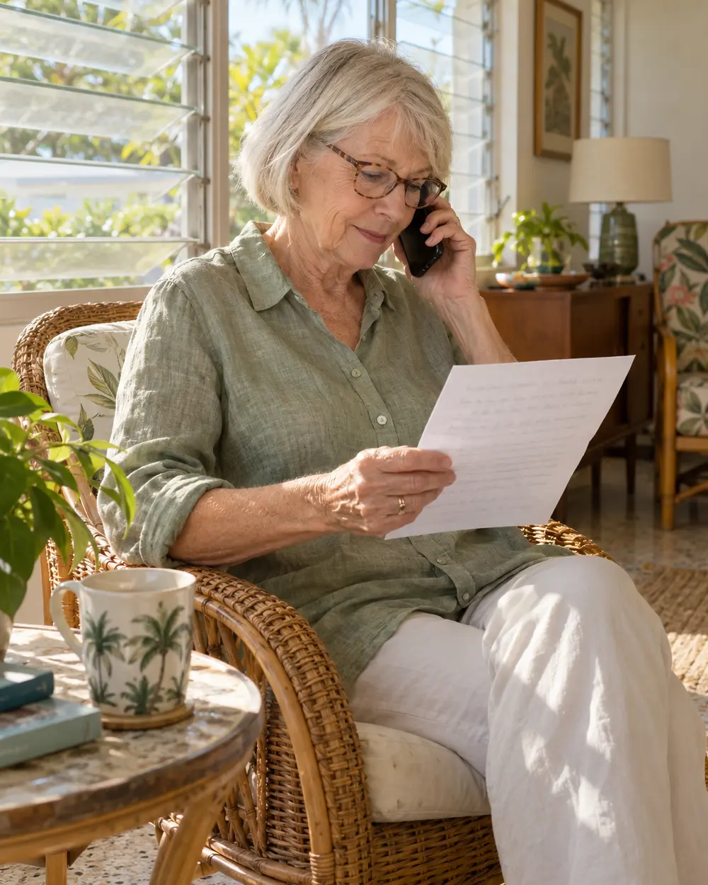 Illustrative scene: a white woman in her seventies on the phone in a rattan chair, reading a one-page letter in her Sarasota ranch house