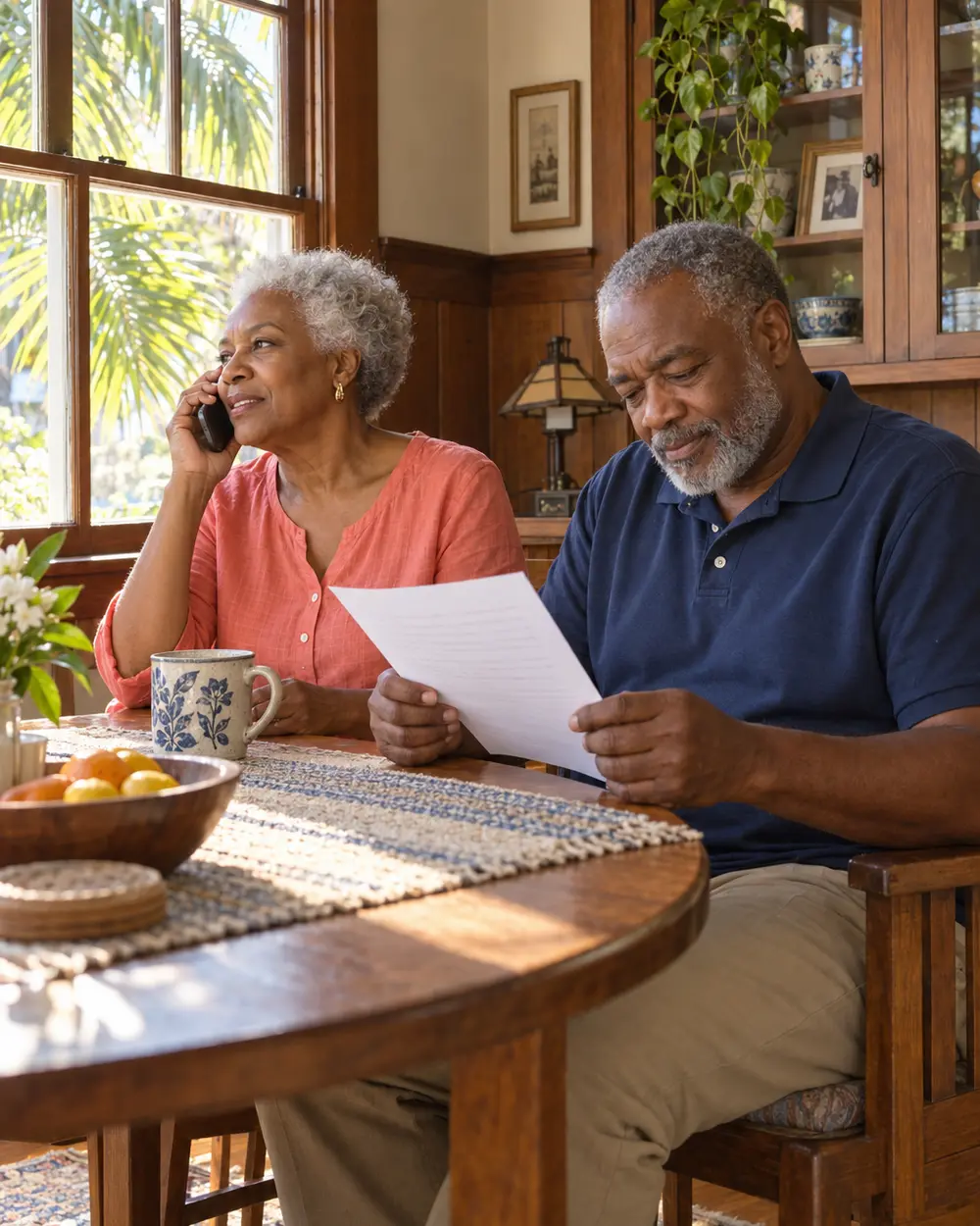 Illustrative scene: a Black couple in their late sixties at the dining table of their St. Petersburg bungalow, she on the phone and he reading a one-page letter