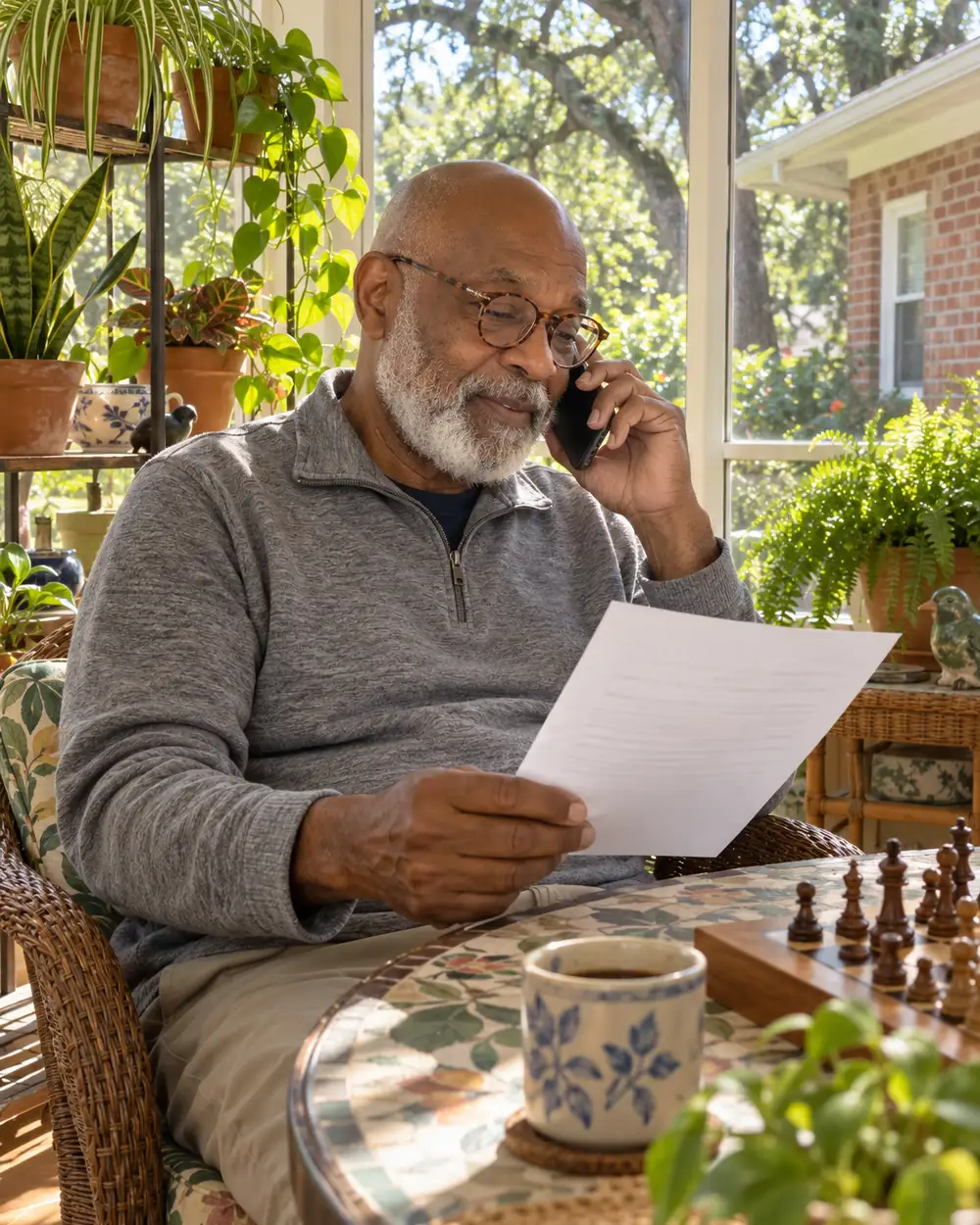 Illustrative scene: a Black man in his seventies on the phone with a one-page letter in hand at a small table in the sunroom of his Tallahassee house