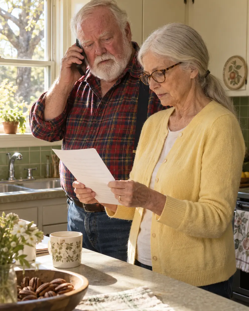 Illustrative scene: a white couple in their seventies at the counter of their 1960s kitchen in Valdosta, he on the phone and she reading a one-page letter