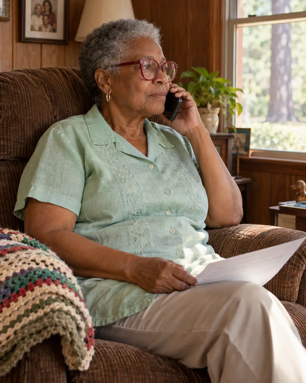 Illustrative scene: a Black woman in her seventies with red-framed glasses on the phone in a corduroy recliner in the wood-paneled den of her Warner Robins house, a one-page letter on her knee