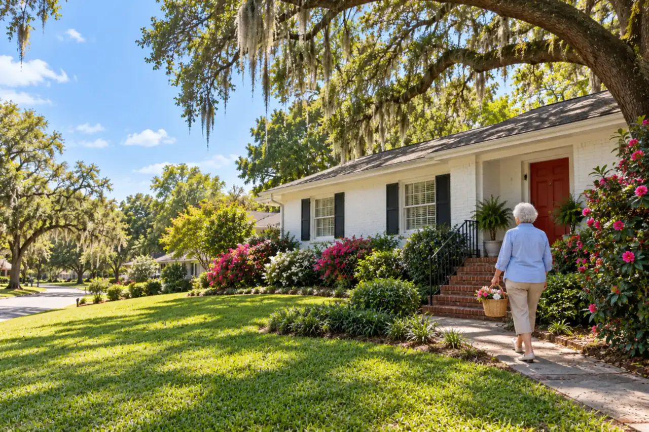 Illustrative scene: a white woman in her seventies carrying a basket of cut camellias up the walk to her 1950s white-painted brick ranch under mossy live oaks in Tallahassee, Florida