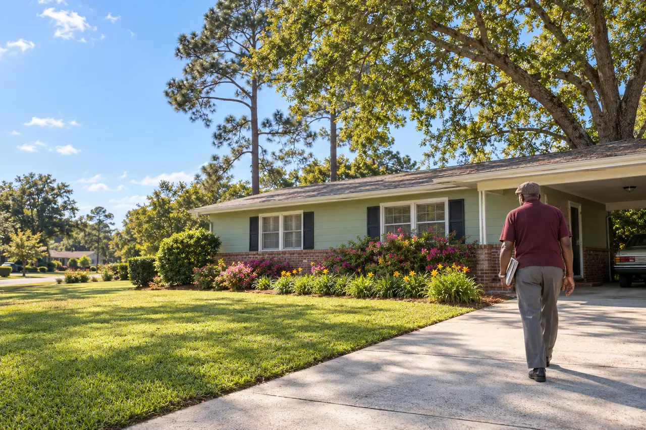 Illustrative scene: a Black man in his seventies in a tweed flat cap walking up the driveway of his 1960s pale-green ranch house with a carport under a pecan tree and longleaf pines in Valdosta, Georgia