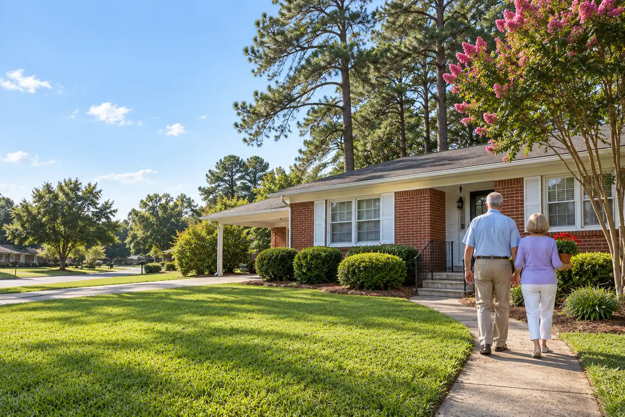 Illustrative scene: a white couple in their late sixties walking up the front walk of their 1950s red-brick ranch with white trim under tall pines in Warner Robins, Georgia, she carrying a potted geranium
