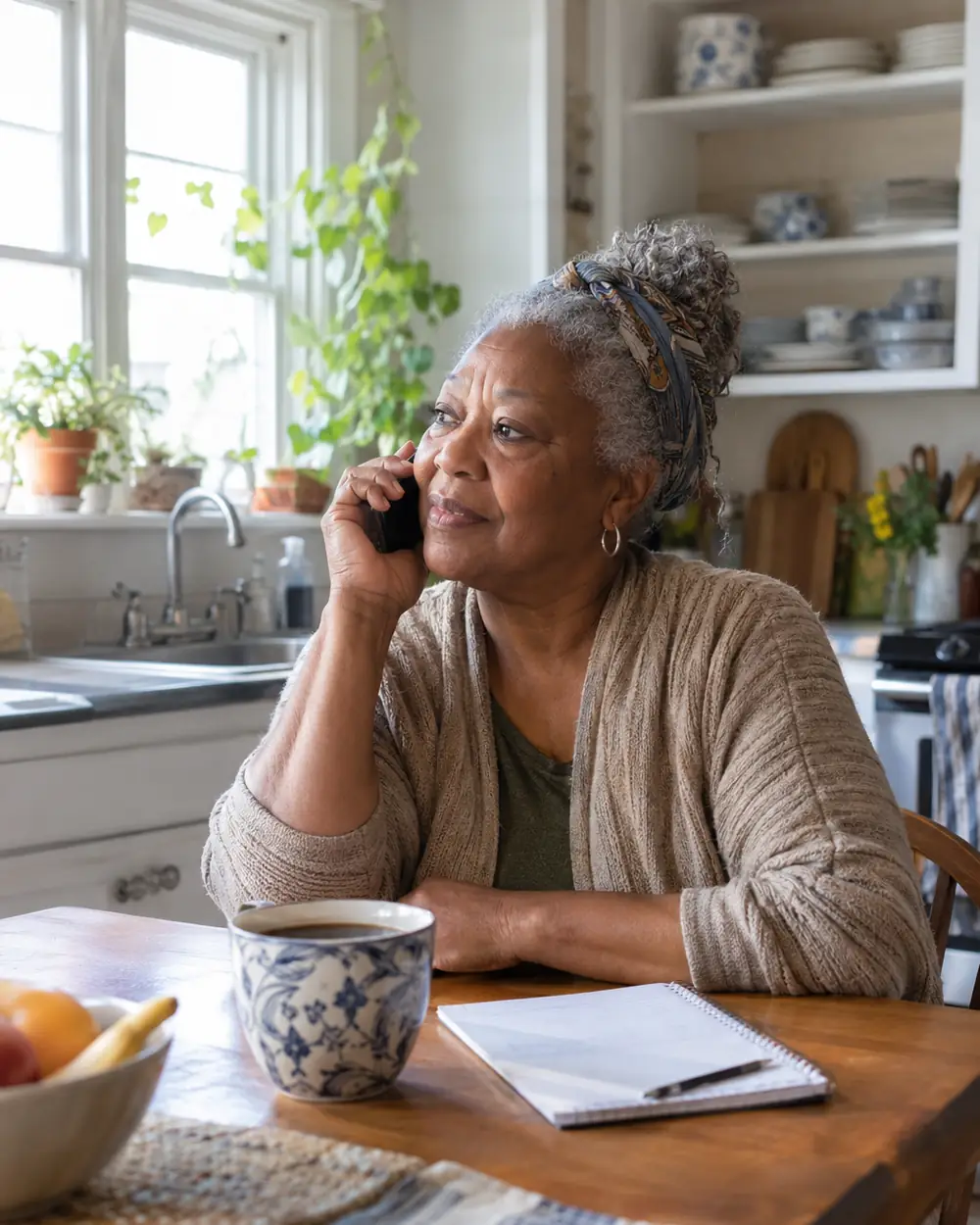 Illustrative scene: a woman in her late sixties on the phone at her kitchen table