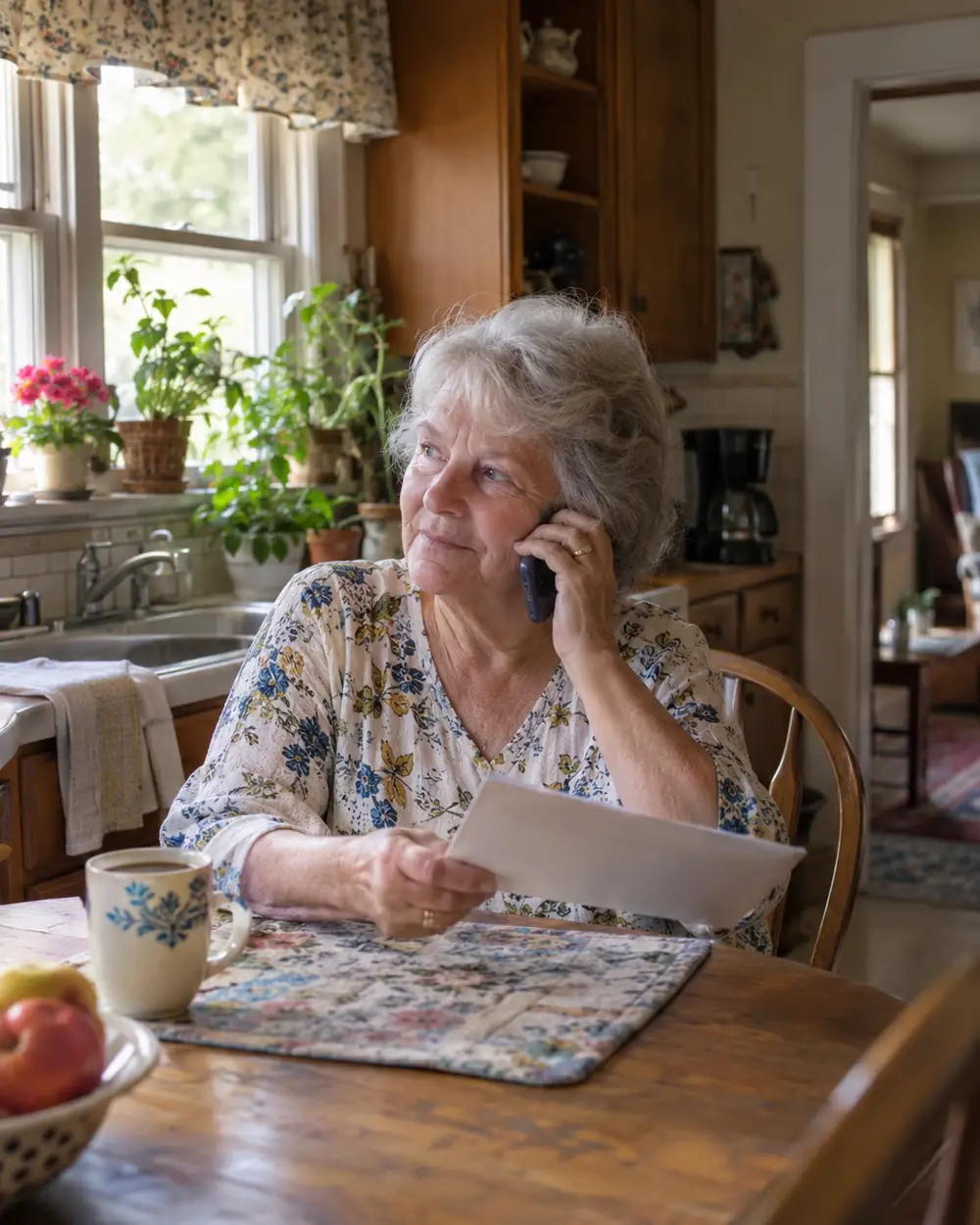 Illustrative scene: a woman in her seventies on the phone at her kitchen table holding an envelope