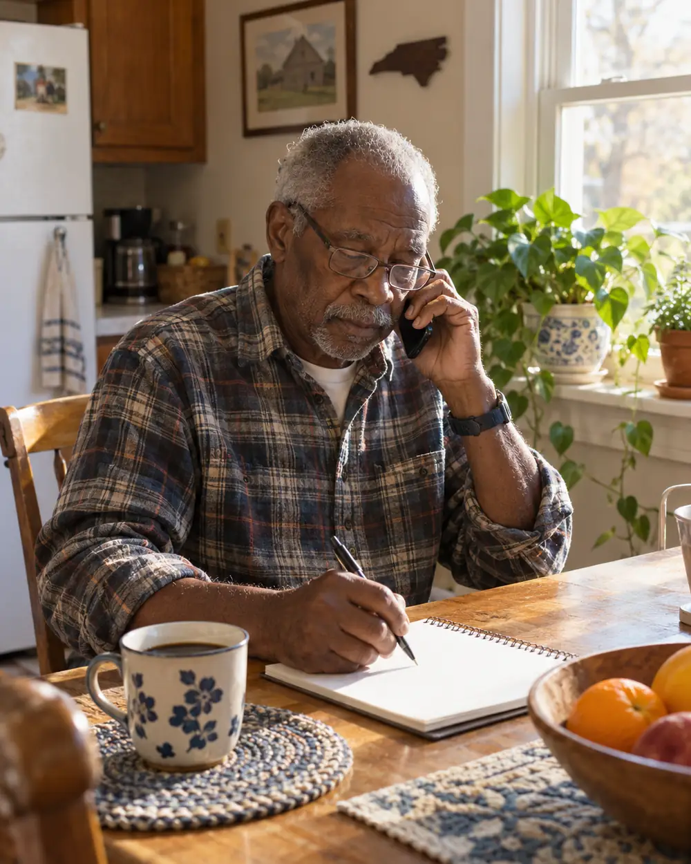 Illustrative scene: a man in his seventies on the phone at his kitchen table