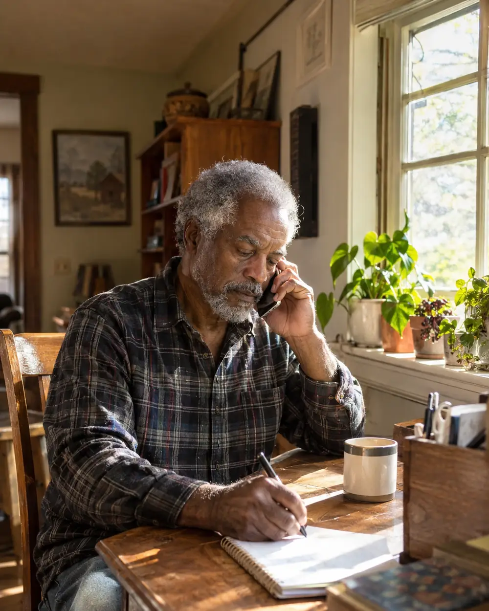 Illustrative scene: a man in his sixties on the phone at a writing desk at home