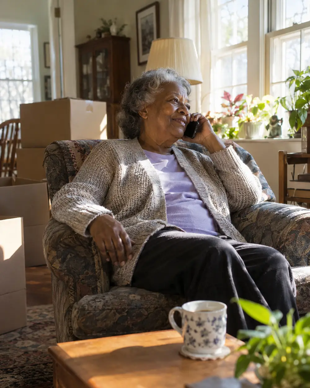 Illustrative scene: a woman in her seventies on the phone in a sunny living room with a few packed boxes