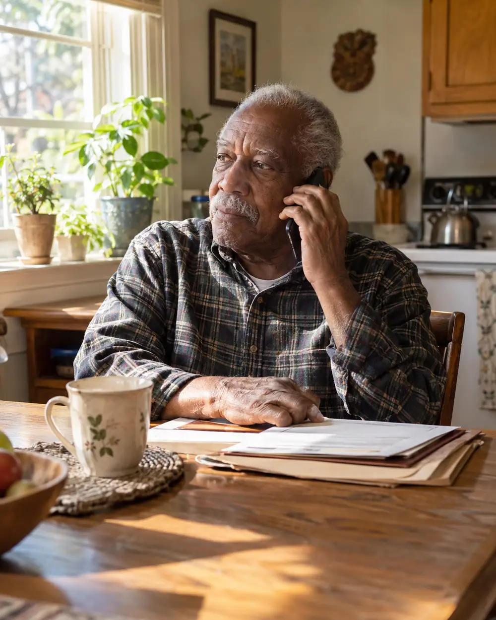 Illustrative scene: a man in his late sixties on the phone at his kitchen table