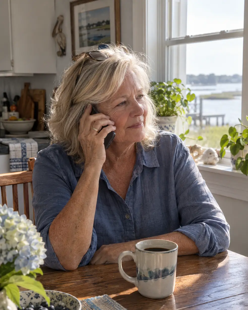 Illustrative scene: a woman in her sixties on the phone at a kitchen table