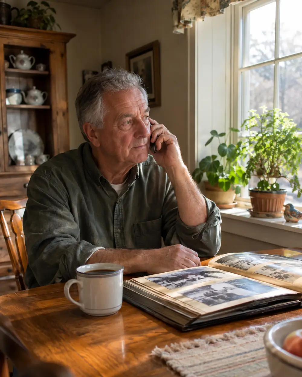 Illustrative scene: a man in his sixties on the phone at a kitchen table in an older home