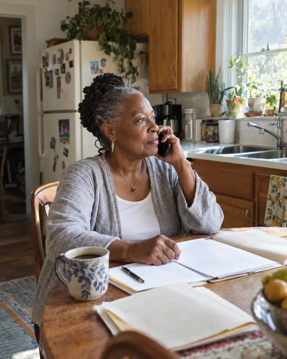 Illustrative scene: a woman in her sixties on the phone at a kitchen table with a folder of papers