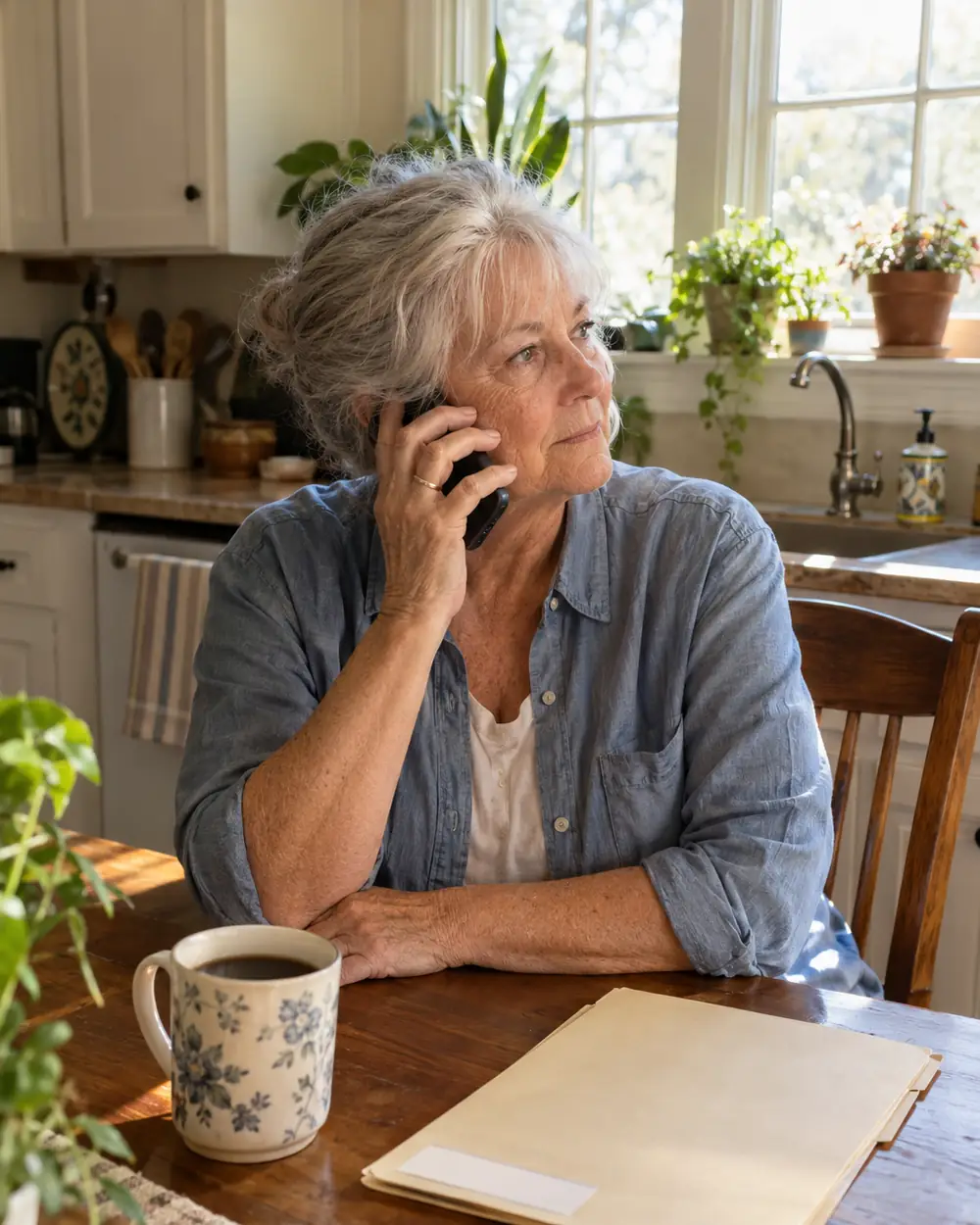 Illustrative scene: a woman in her late sixties on the phone at her kitchen table