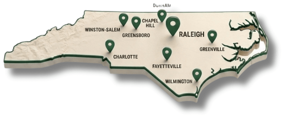 Map of North Carolina showing Address2Cash service areas including Raleigh, Durham, Chapel Hill, Greensboro, Winston-Salem, Charlotte, Fayetteville, Greenville, and Wilmington