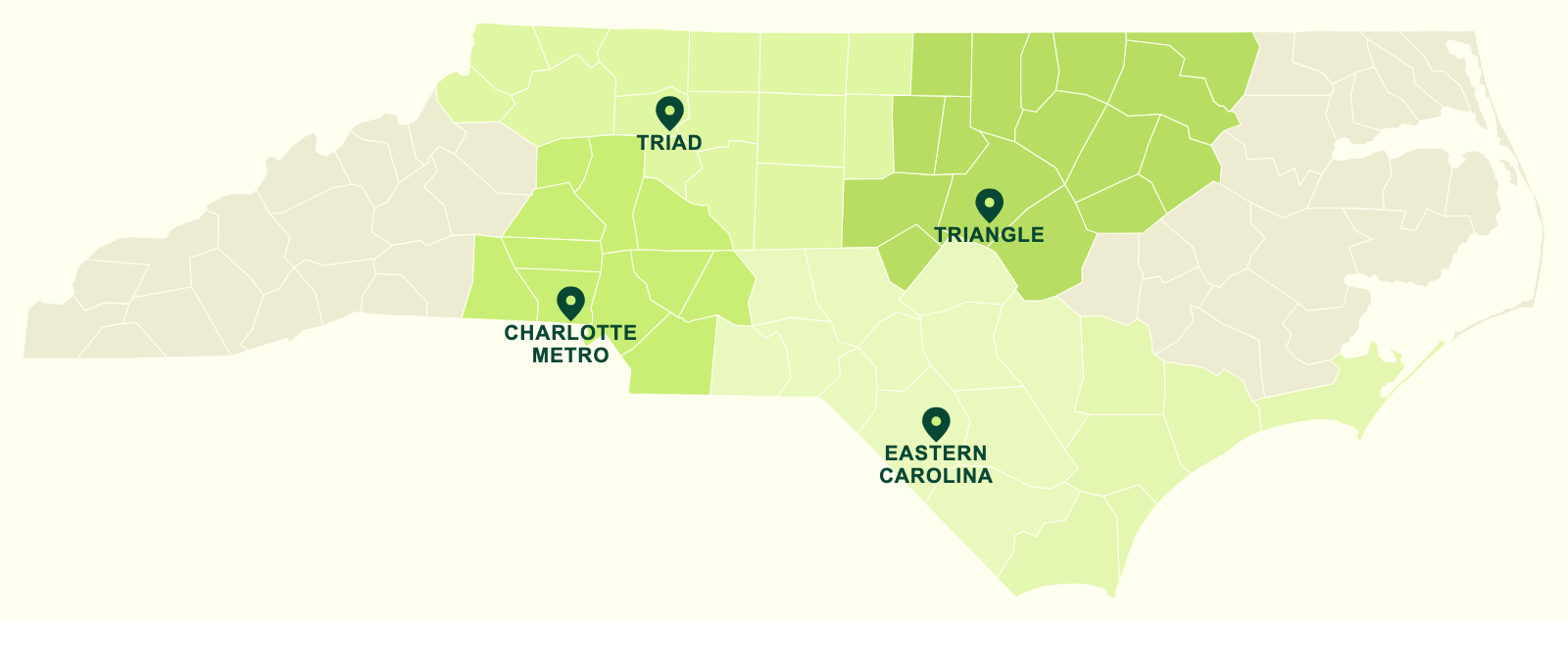Map of North Carolina divided into the four Address2Cash service zones: Triad, Triangle, Charlotte Metro, and Eastern Carolina