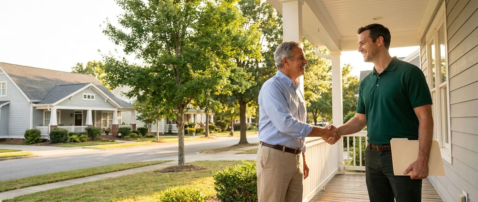 The Address2Cash team, three real North Carolinians wearing Emerald Pine branded polos, ready to help homeowners sell their homes with honesty